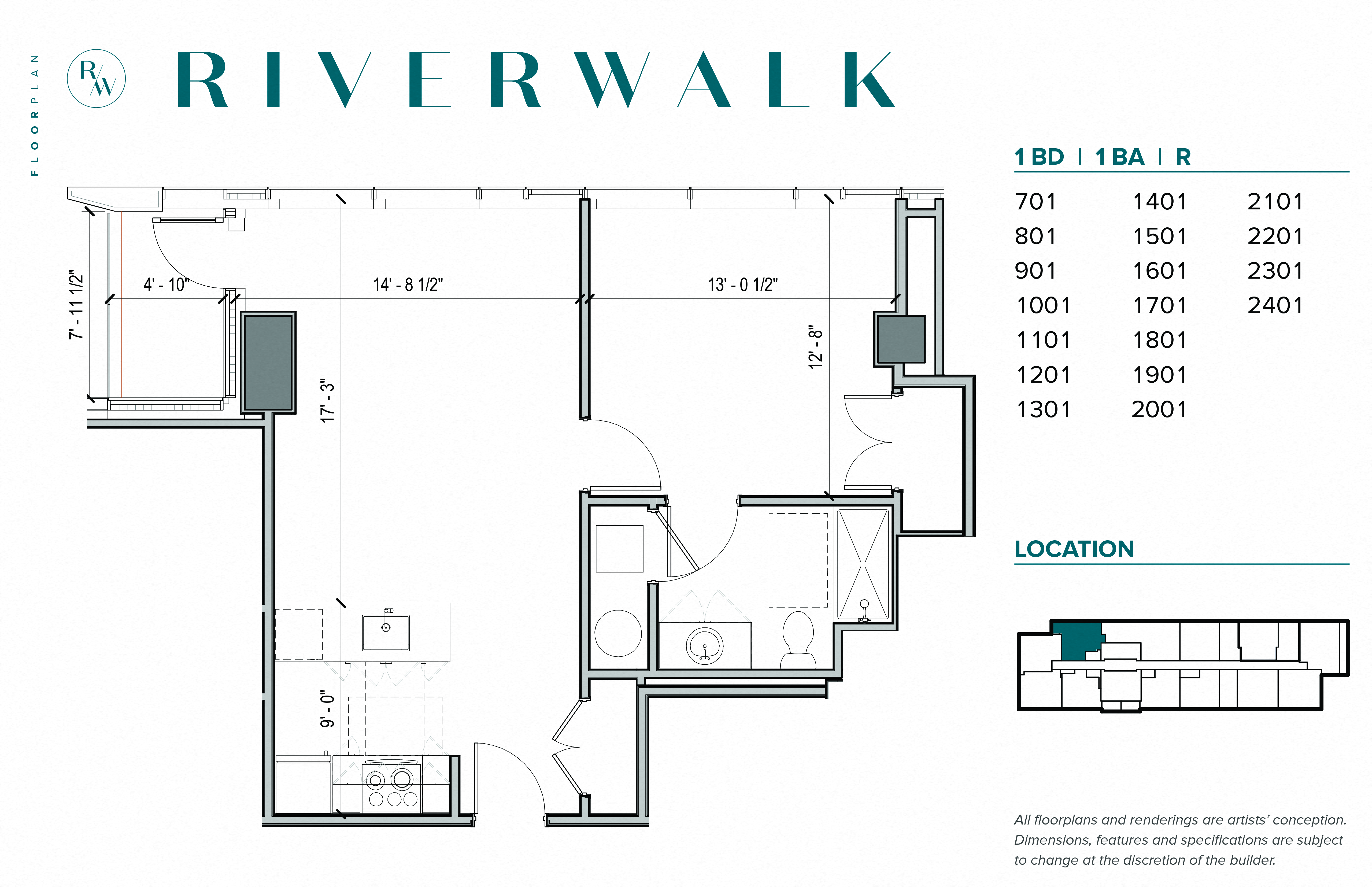 Floor plan for 1 bed, 1 bath, 711 sqft